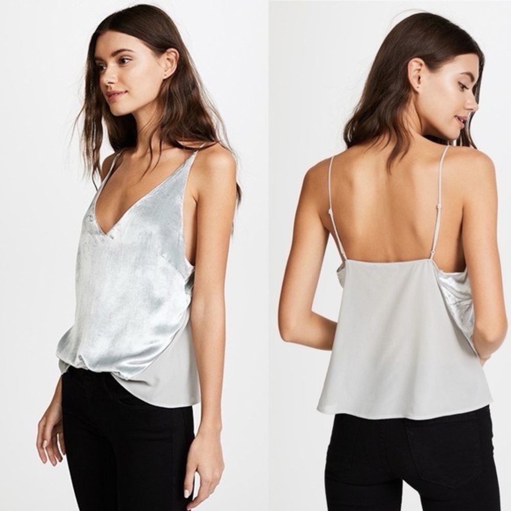 NWOT J Brand Lucy Velvet V-Neck Velour Cami Blouse in Silver Spoon Grey Blue XS